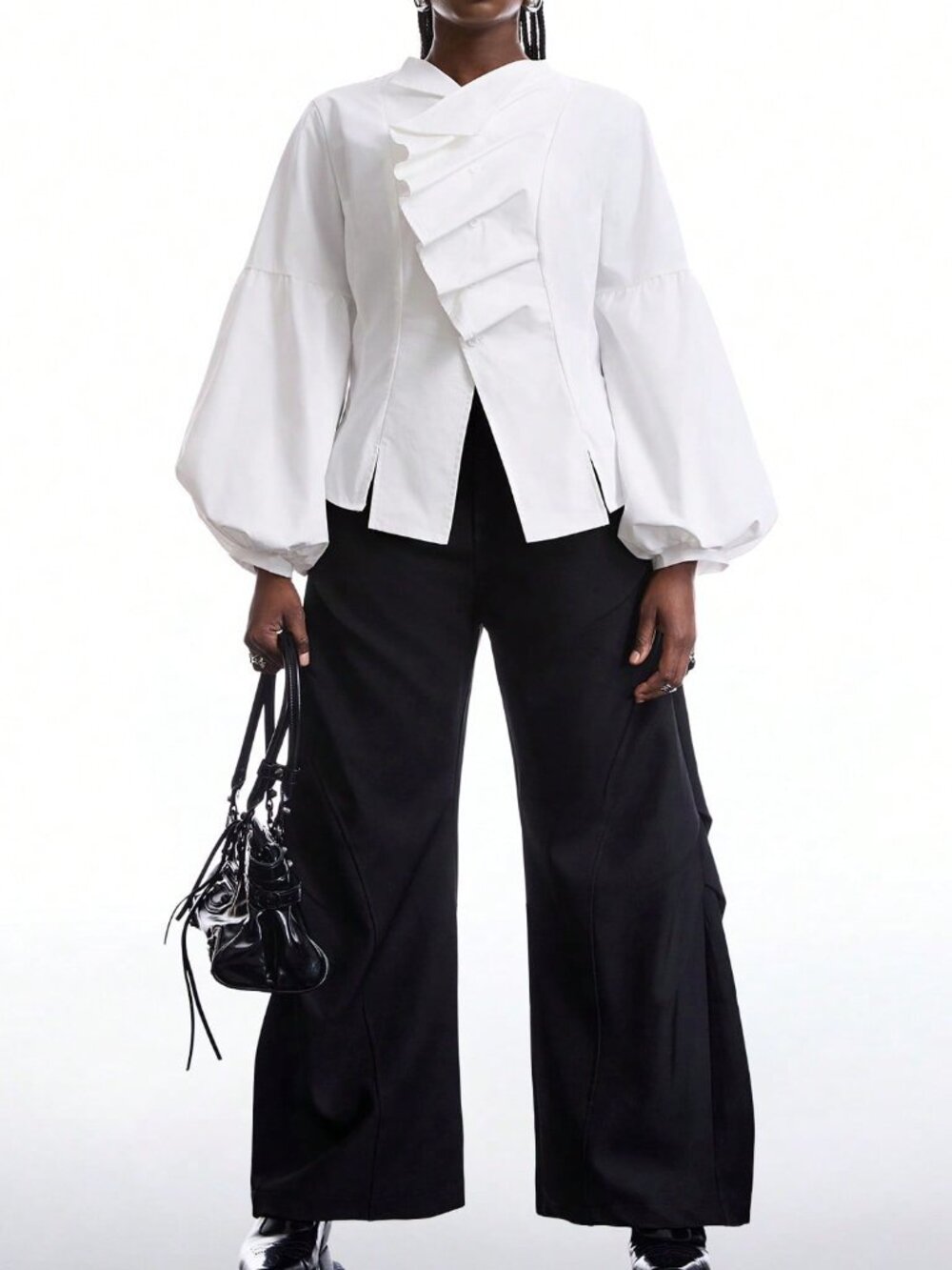 White Casual Women's Silky Cowl Neck Peplum Top - Picture 6 of 7